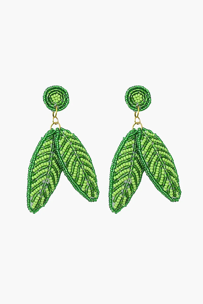 Green Beaded Leaf Drop Earrings sold by America & Beyond