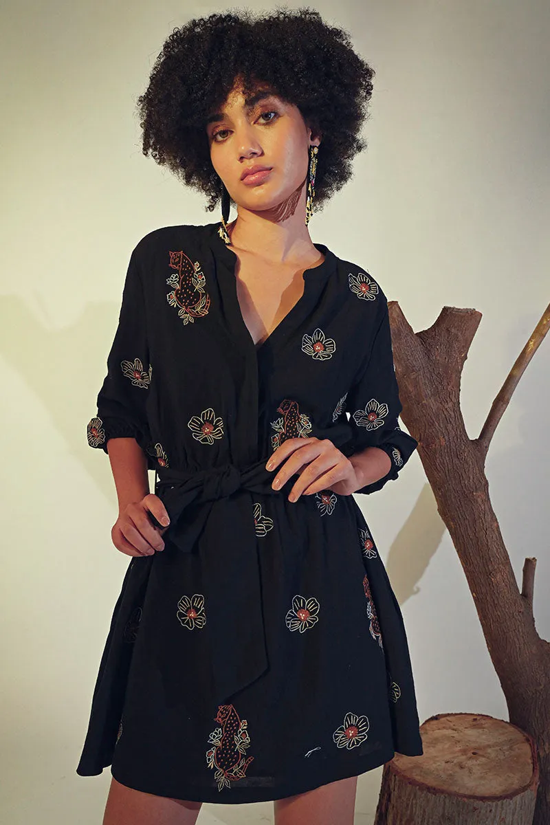 Black Safari Tiger Embroidered Short Dress sold by America & Beyond