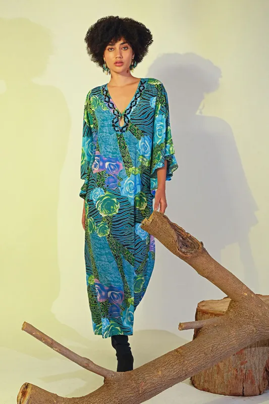 Blue Carribean Floral Printed Maxi Dress sold by America & Beyond