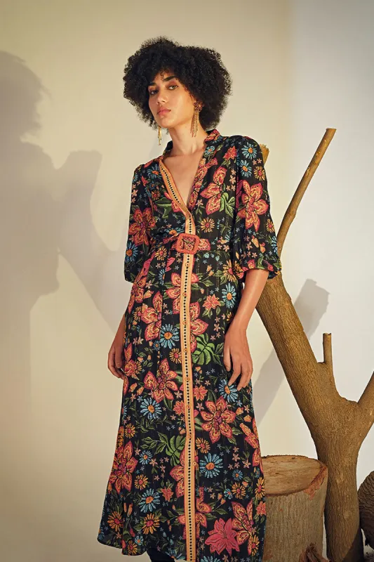 Black Multi Floret Shirt Dress sold by America & Beyond