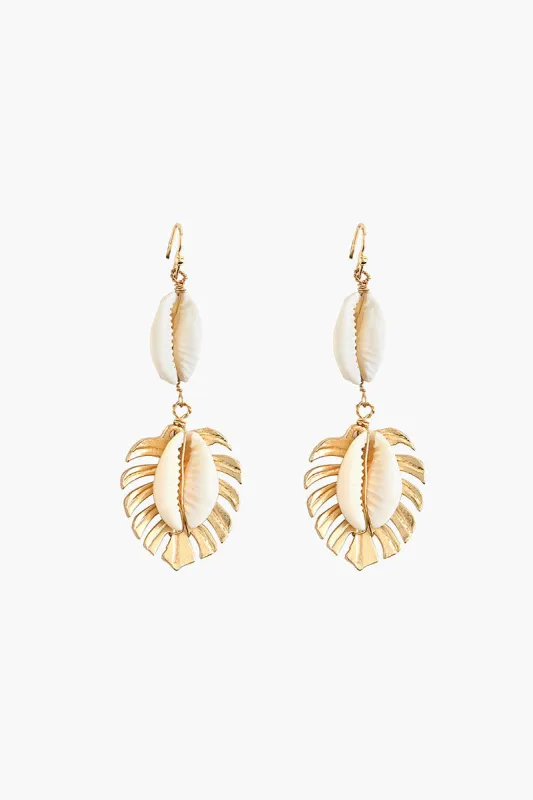 Gold and Shell Drop Earrings with Leaf Design sold by America & Beyond