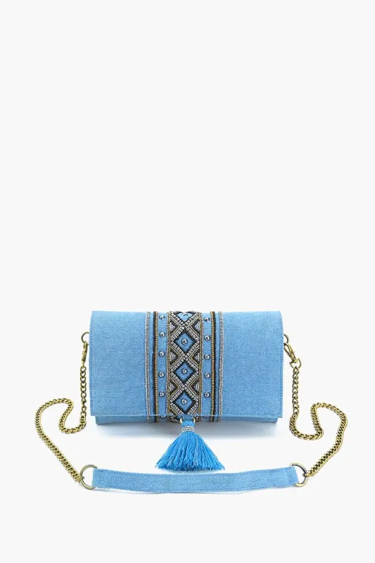 Boho Chic Beaded Denim Clutch sold by America & Beyond