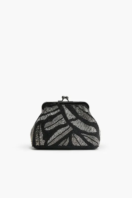 Midnight Silver Swirl Frame Clutch sold by America & Beyond