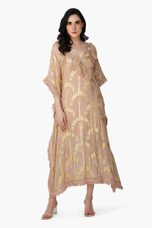 Golden Taupe Foil Printed Kaftan sold by America & Beyond