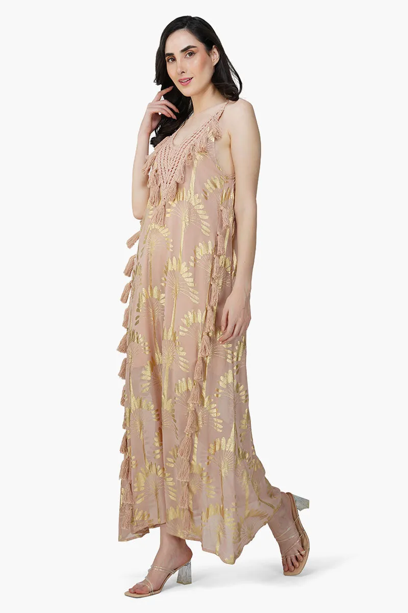 Golden Taupe Foil Printed Strap Maxi Dress sold by America & Beyond product image thumbnail 3