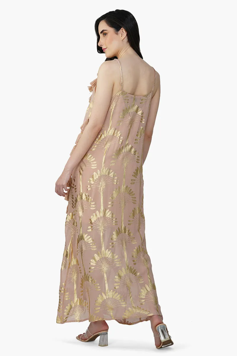 Golden Taupe Foil Printed Strap Maxi Dress sold by America & Beyond product image thumbnail 4