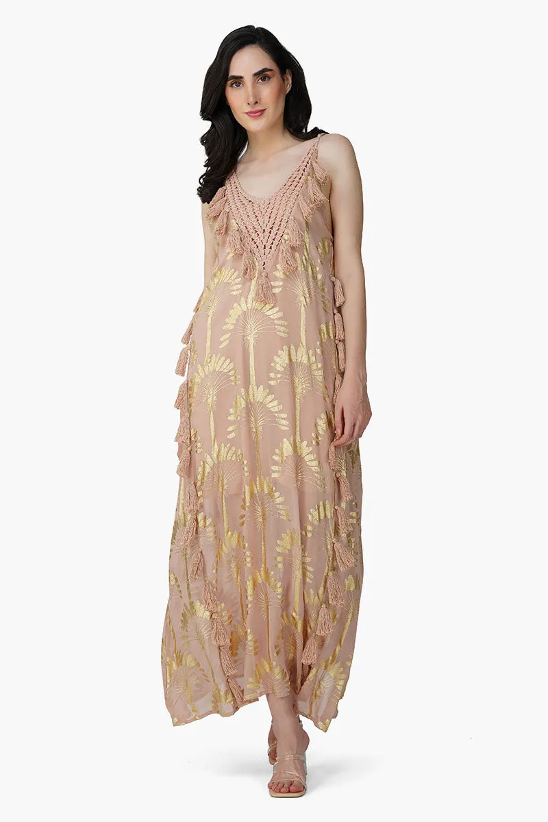 Golden Taupe Foil Printed Strap Maxi Dress sold by America & Beyond