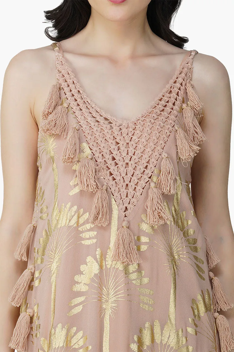 Golden Taupe Foil Printed Strap Maxi Dress sold by America & Beyond product image thumbnail 5