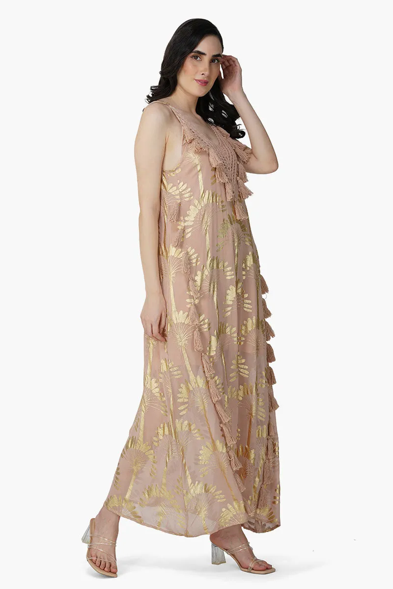 Golden Taupe Foil Printed Strap Maxi Dress sold by America & Beyond product image thumbnail 2