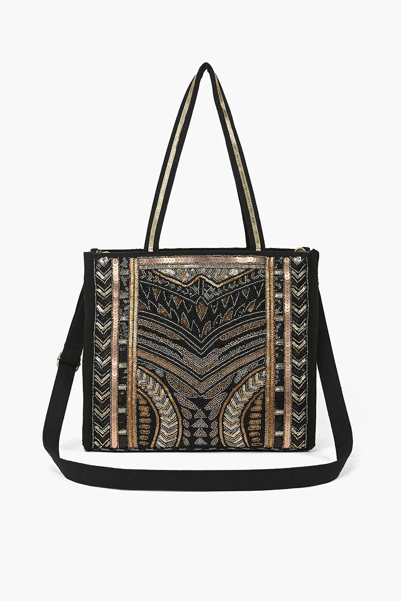 Boho Beaded Market Tote with Crossbody-Black Aztec sold by America & Beyond