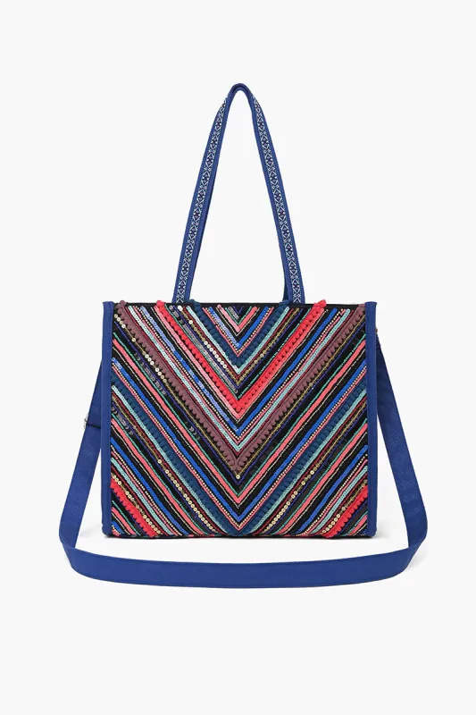 Boho Beaded Market Tote with Crossbody-Navy Chevron sold by America & Beyond