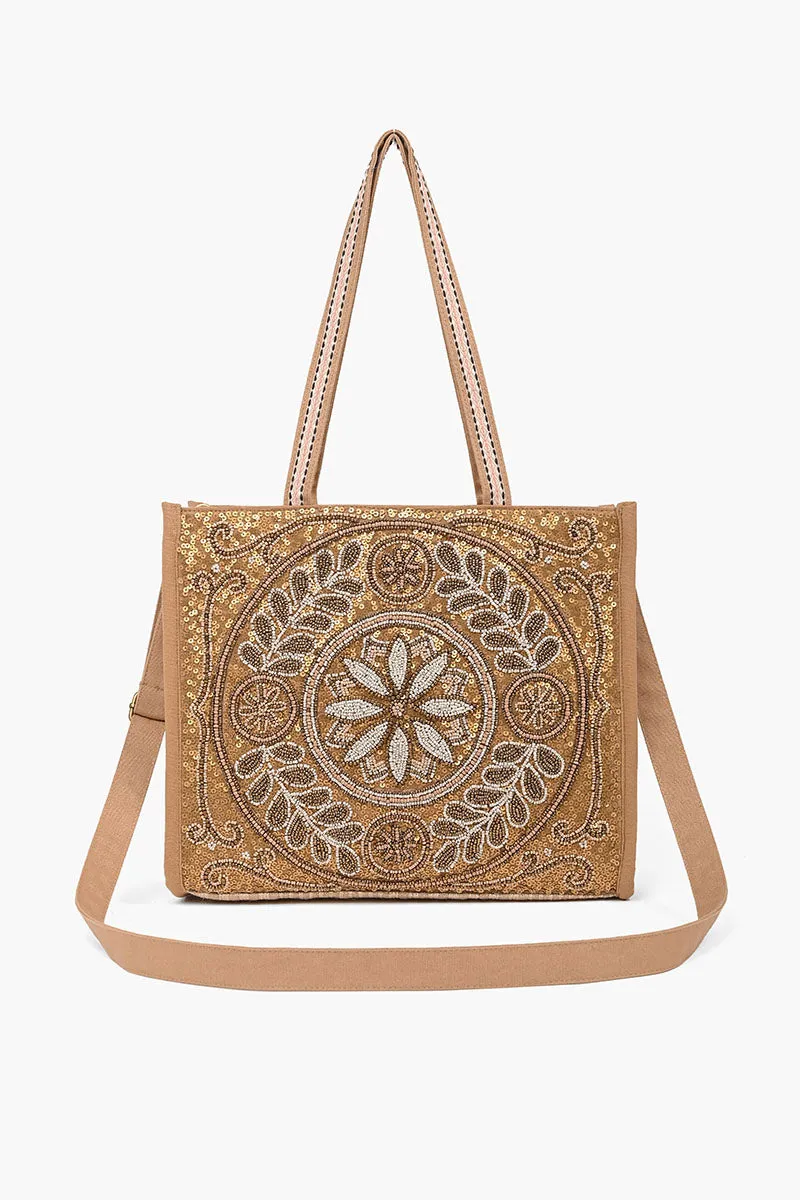 Boho Beaded Market Tote with Crossbody-Beige Medallion sold by America & Beyond