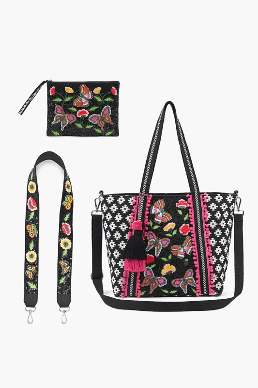 Medium Tote with Bag Strap & Pouch Black Butterfly sold by America & Beyond