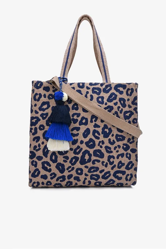 Blue Leopard Jute Tote With Crossbody Strap- Navy Animal Tote sold by America & Beyond