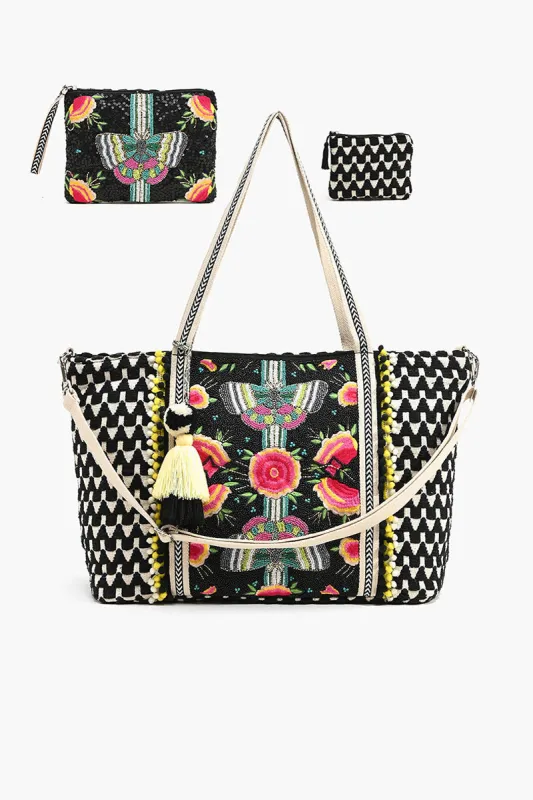 Embellished Tote with Pouch & Coin Black Butterfly sold by America & Beyond