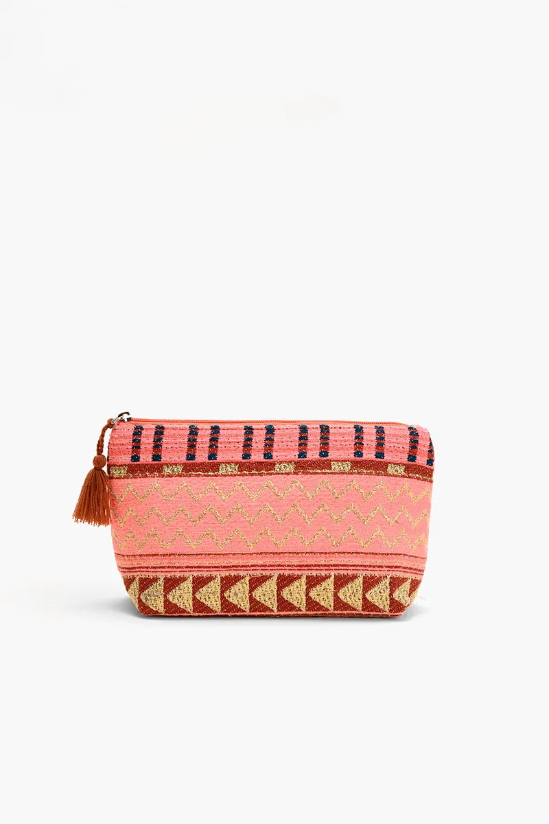 Handwoven Pink and Gold Jacquard Cosmetic Pouch sold by America & Beyond