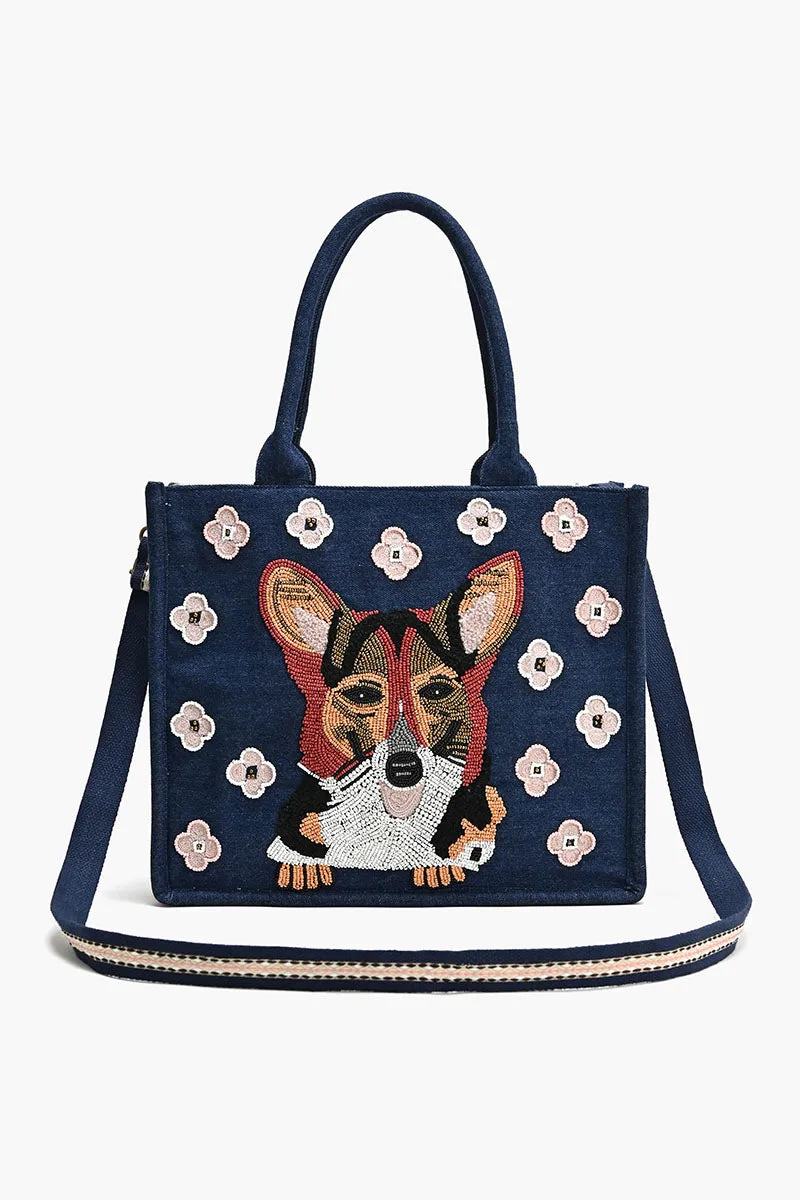 Beaded Denim Critter Shopper-Cutest Corgi sold by America & Beyond