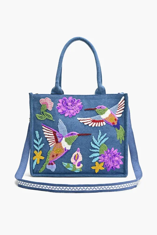 Beaded Denim Critter Shopper-Humming Birds sold by America & Beyond