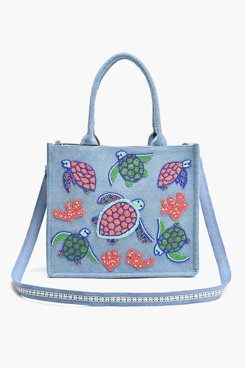 Beaded Denim Critter Shopper-Totally Turtle sold by America & Beyond