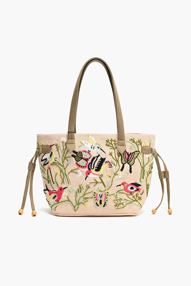 Embroidered Beaded Tote-Blushing Birds sold by America & Beyond