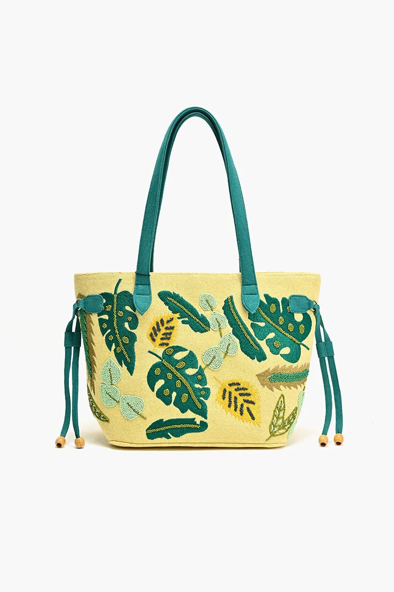 Embroidered Beaded Tote-Yellow Jungle sold by America & Beyond