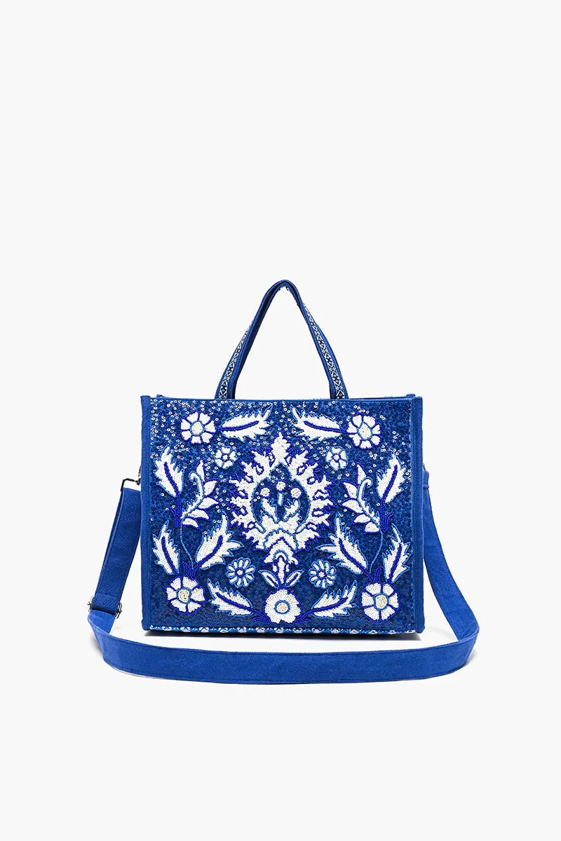 Blue/White Floral Embellished Shopper Tote sold by America & Beyond
