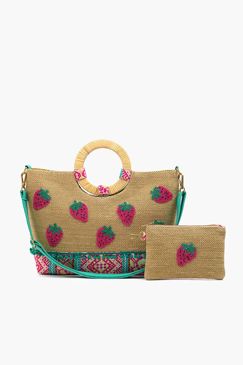 Strawberry Jute Tote With Pouch sold by America & Beyond