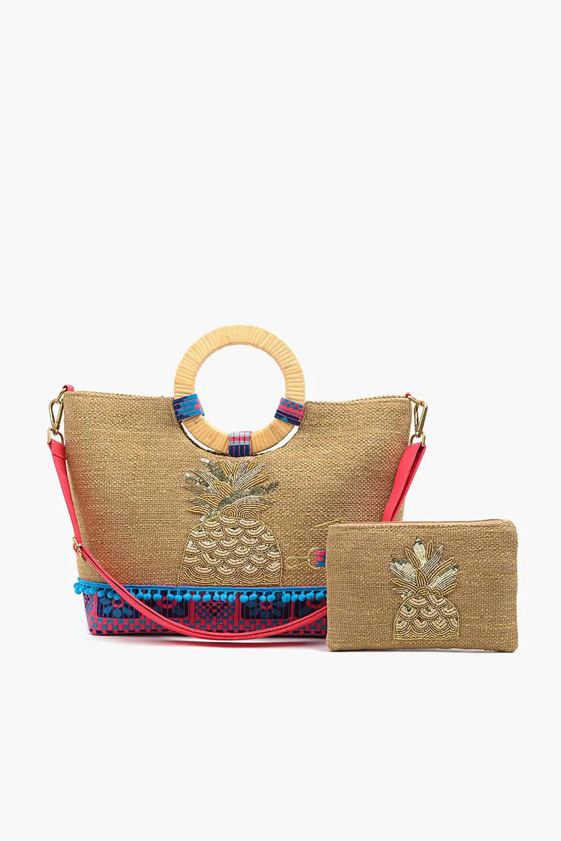 Pineapple Jute Tote With Pouch sold by America & Beyond