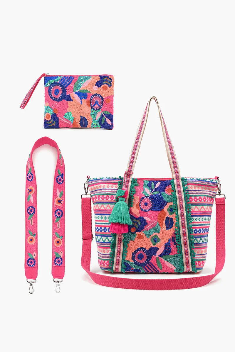Embellished Tote, Crossbody and LG Pouch Bundle-Palm Beach Pink sold by America & Beyond