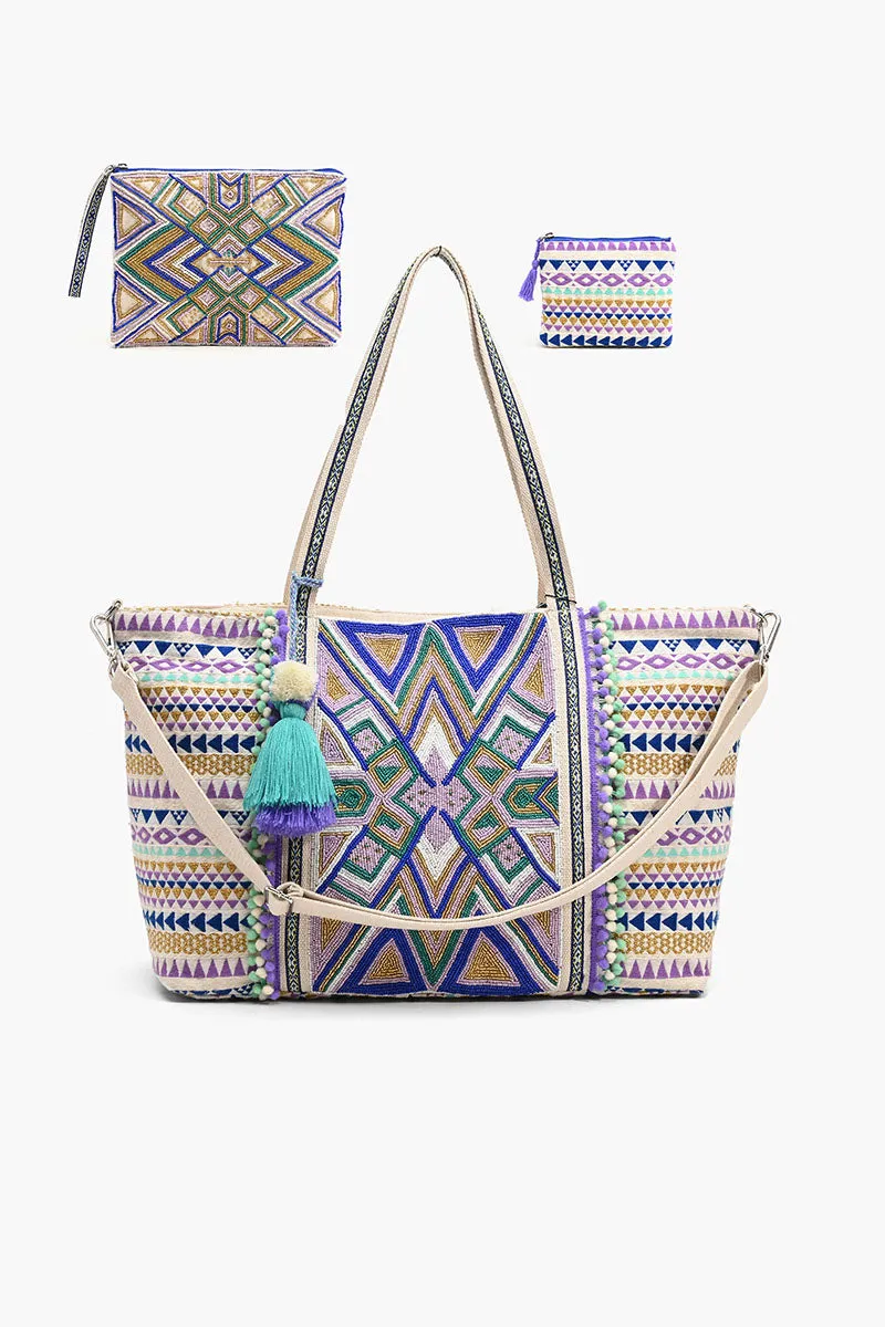 Embellished Tote With Two Pouches Luxe Lilac sold by America & Beyond