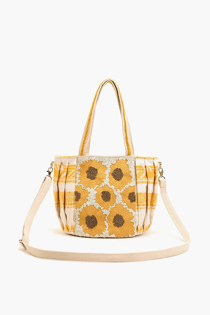 Beaded Ruched Tote with Crossbody Strap-Sunflower sold by America & Beyond