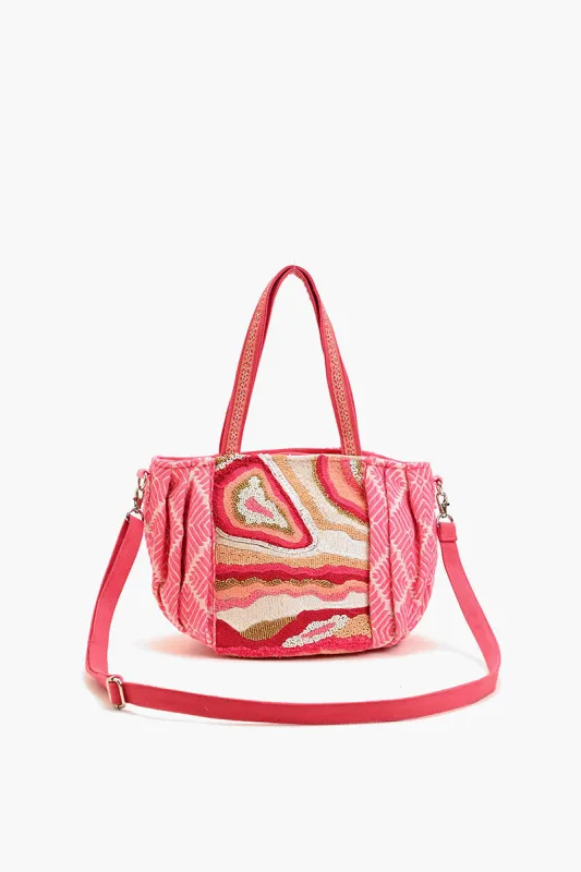Beaded Ruched Tote with Crossbody Strap-Pink sold by America & Beyond