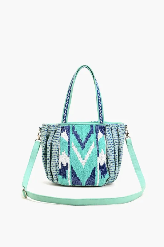 Beaded Ruched Tote with Crossbody Strap-Blue Chevron sold by America & Beyond