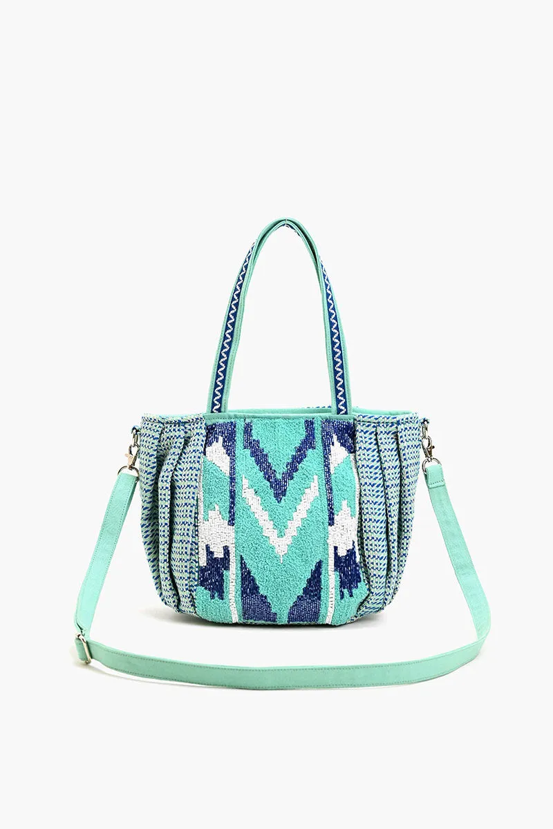 Beaded Ruched Tote with Crossbody Strap-Blue Chevron sold by America & Beyond