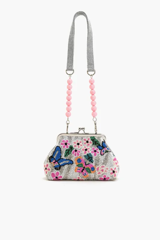 Beaded Frame Crossbody Clutch-Silver Butterfly sold by America & Beyond