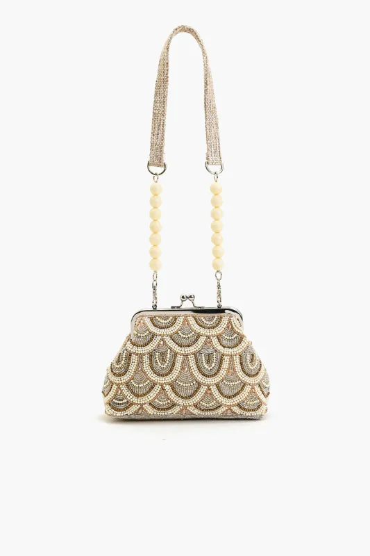 Beaded Frame Crossbody Clutch-Ivory Scollop sold by America & Beyond