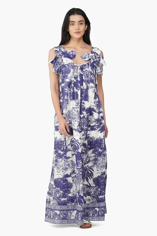 Midnight Blue Jungle Printed Maxi Dress sold by America & Beyond