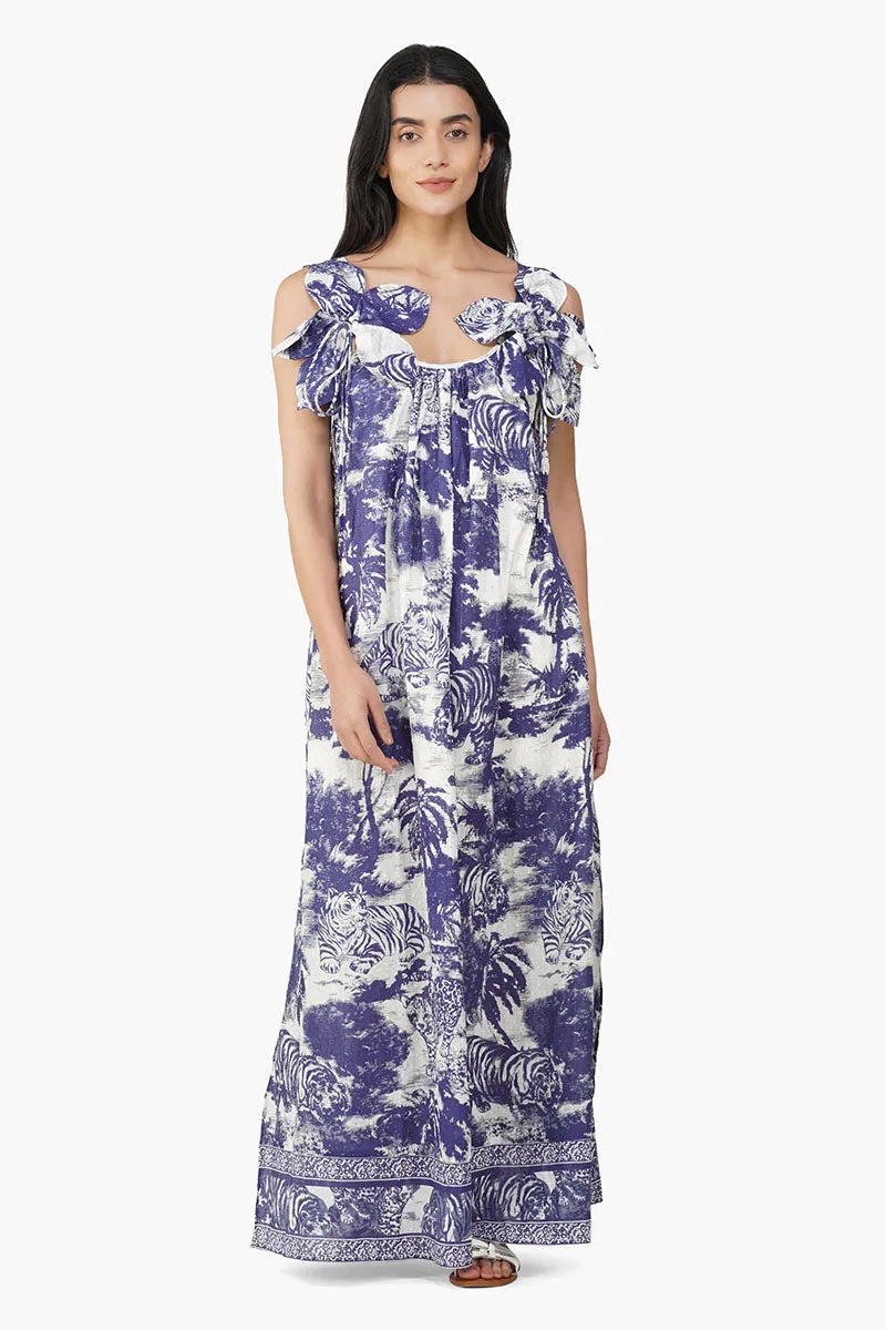 Midnight Blue Jungle Printed Maxi Dress sold by America & Beyond