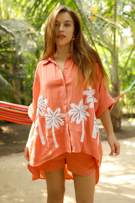 Baga Coral Palm Embellished Cover Up Shirt sold by America & Beyond