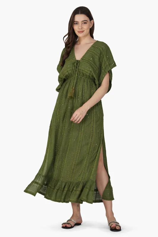 Olive Green Yarn Dyed Long Dress sold by America & Beyond