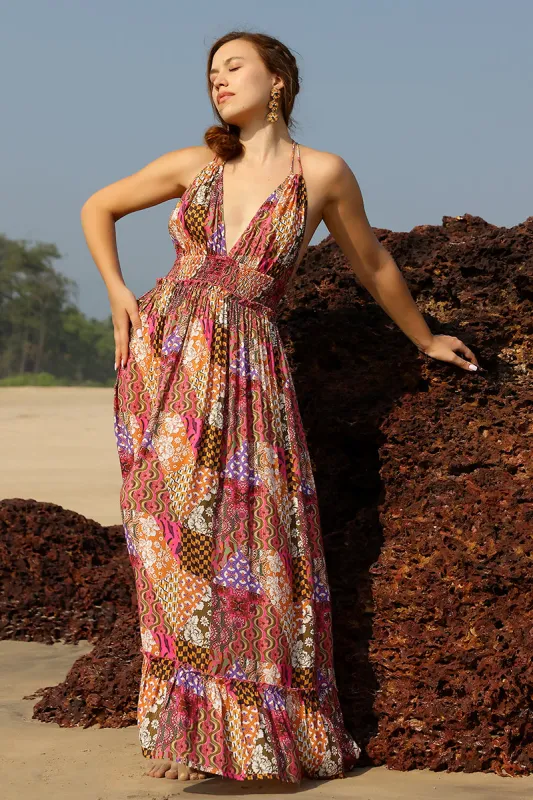 Boho Bliss Patchwork Halter Maxi Dress sold by America & Beyond
