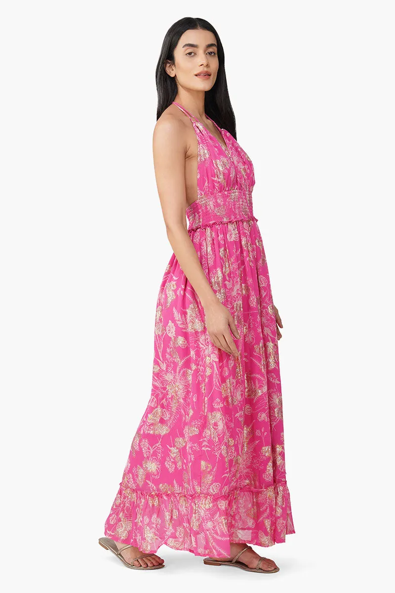 Carnation Pink Leaf Printed Halter Dress sold by America & Beyond product image thumbnail 2