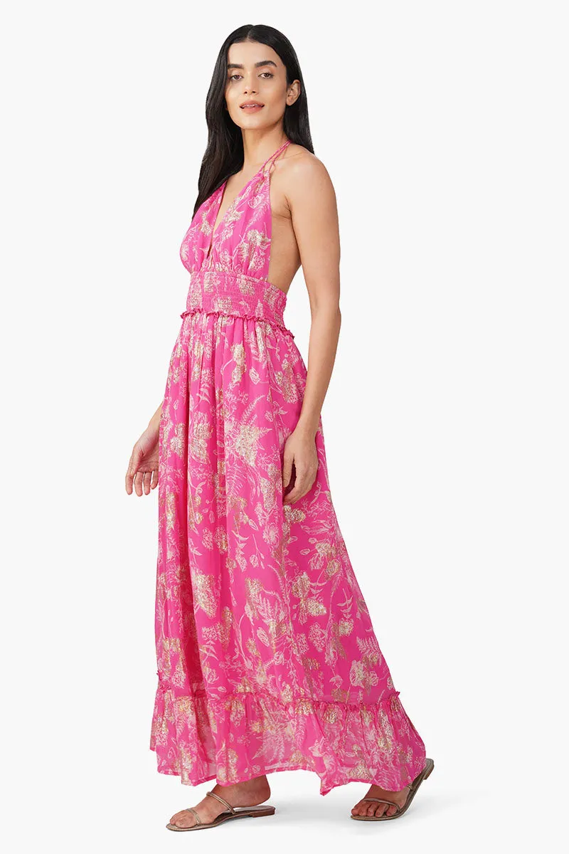 Carnation Pink Leaf Printed Halter Dress sold by America & Beyond product image thumbnail 3