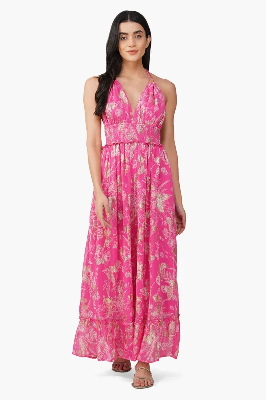Carnation Pink Leaf Printed Halter Dress sold by America & Beyond