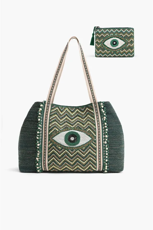 Evergreen Evil Eye Tote with Coin Bag sold by America & Beyond
