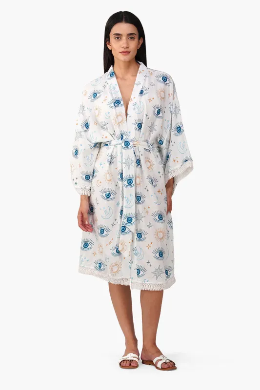 Evil Eye White Self Fringe Cover Up sold by America & Beyond