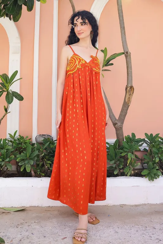 Embellished Tangerine Ariel Flared Maxi Dress sold by America & Beyond