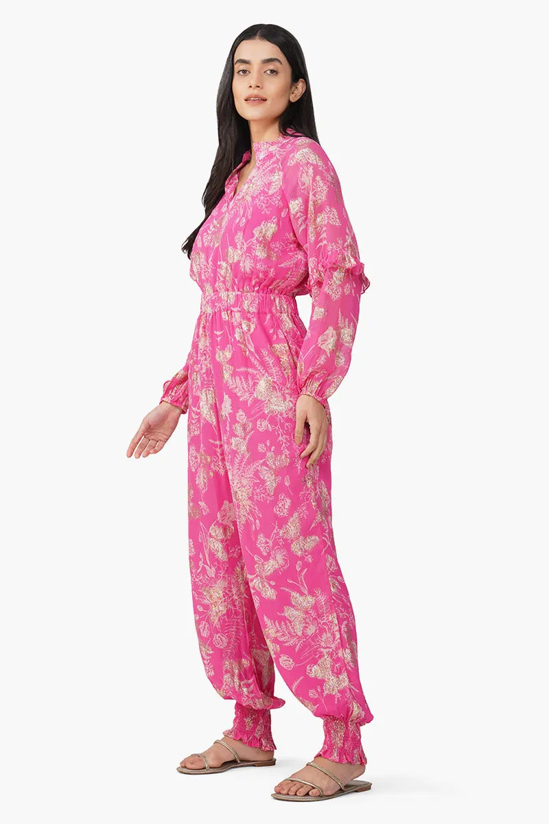 Carnation Pink Leaf Printed Jumpsuit sold by America & Beyond product image thumbnail 3
