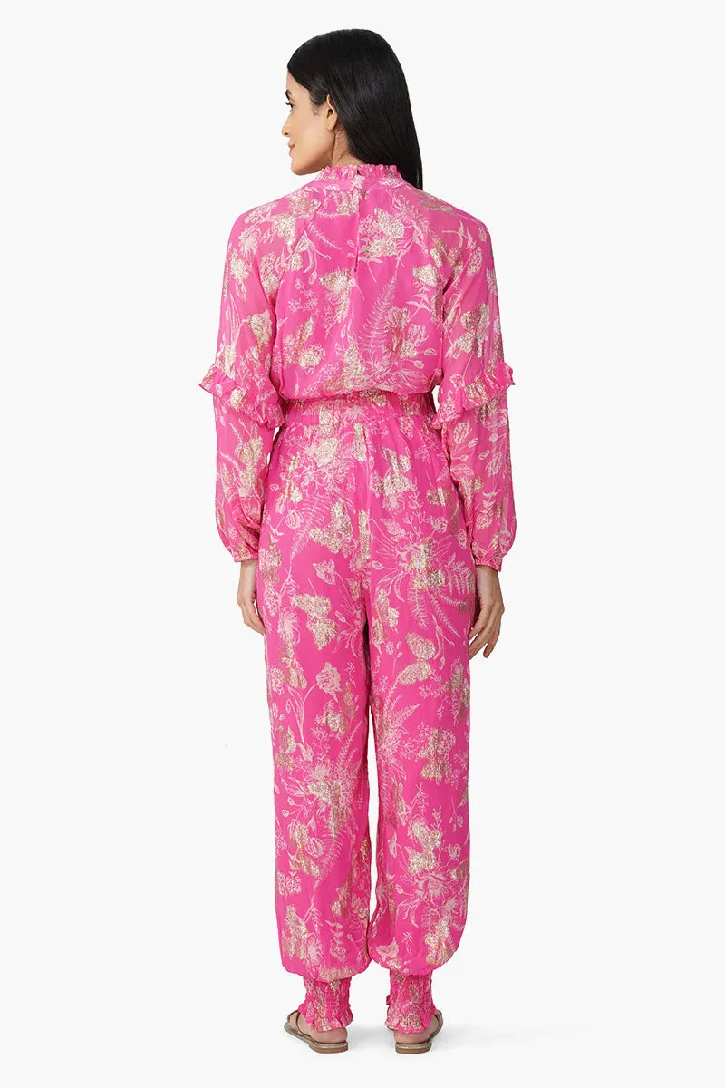 Carnation Pink Leaf Printed Jumpsuit sold by America & Beyond product image thumbnail 4