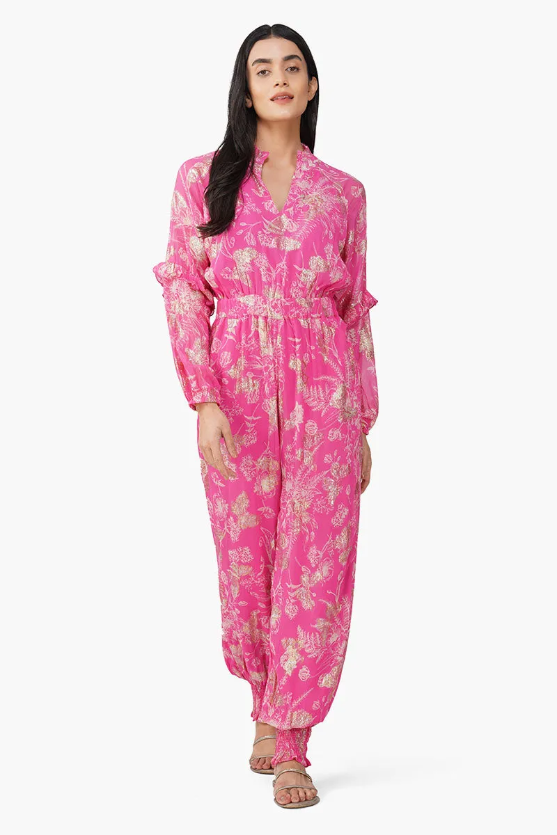 Carnation Pink Leaf Printed Jumpsuit sold by America & Beyond